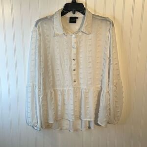 Cliche Oversized Sheer Top Women’s XLarge Ivory Button Up Long Sleeve Fuzzy Dot